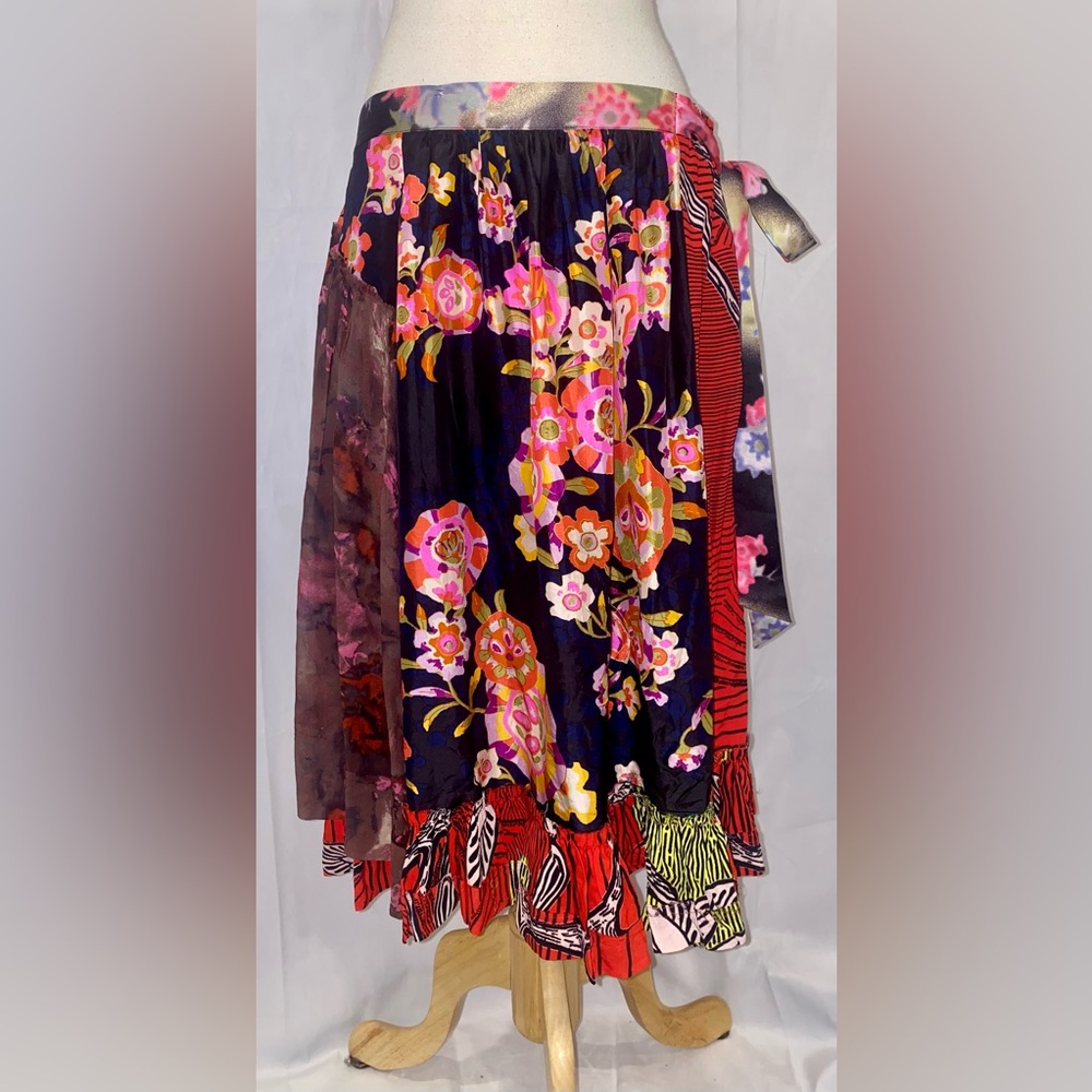 VTG Bazar de Christian LaCroix Multicolor Mixed Print Silk Ruffle Skirt France